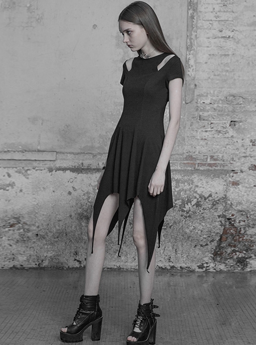 Gothic Black Cotton Irregular Hem Short Sleeve Dress