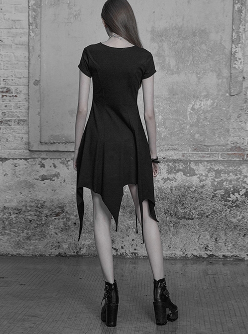 Gothic Black Cotton Irregular Hem Short Sleeve Dress