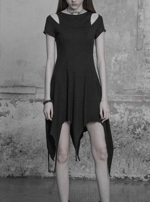 Gothic Black Cotton Irregular Hem Short Sleeve Dress