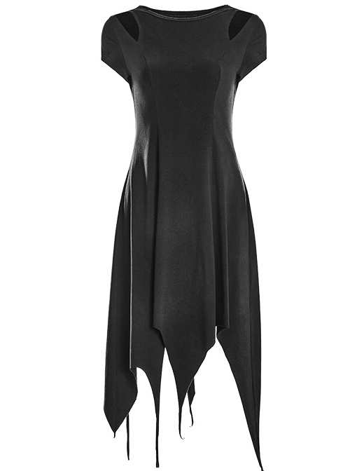 Gothic Black Cotton Irregular Hem Short Sleeve Dress