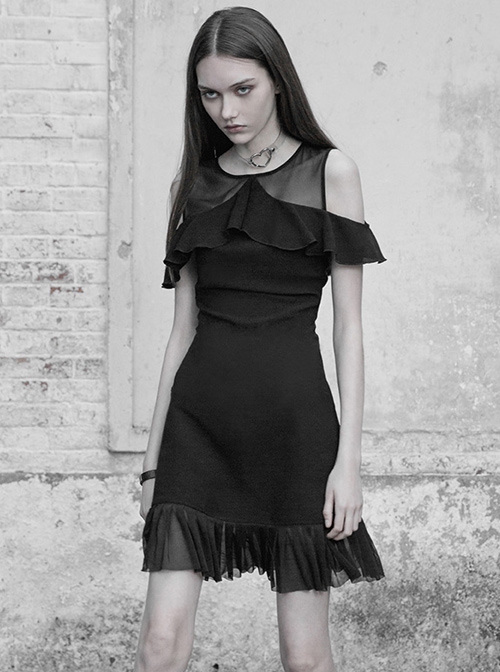 Gothic Black Mesh Stitching Chiffon Ruffle Strapless Dress