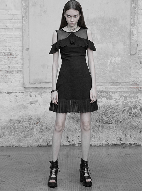 Gothic Black Mesh Stitching Chiffon Ruffle Strapless Dress