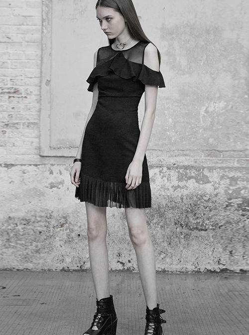 Gothic Black Mesh Stitching Chiffon Ruffle Strapless Dress