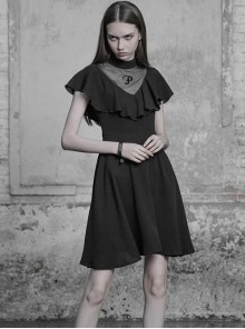 Gothic Black Little High-collar Printing Slim Chiffon Ruffle Sleeveless Dress