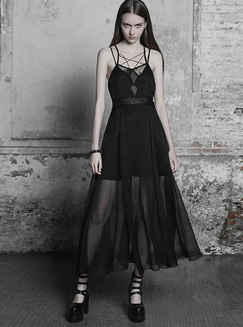 Gothic Black Sexy Lace Chiffon Backless Sling Dress - Magic Wardrobes