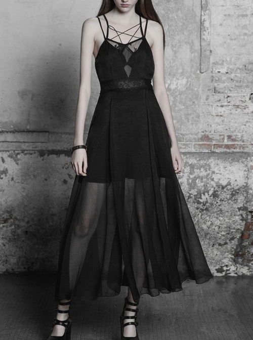 Gothic Black Sexy Lace Chiffon Backless Sling Dress