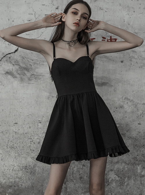 Sling Ruffle Hem Black Wipes Chest Gothic Dress