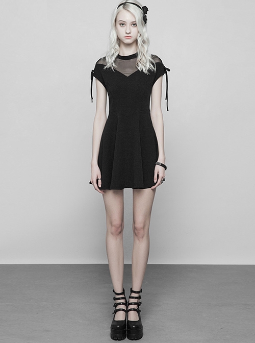 Gothic Black Chiffon Sexy A-line Hem Lace-up Short Sleeve Dress