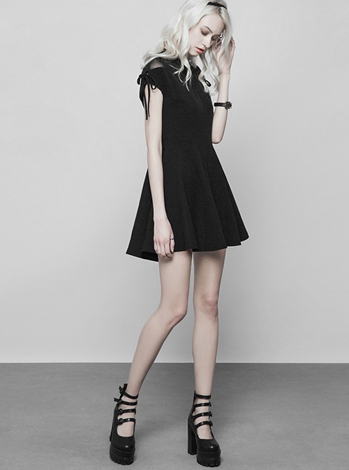 Gothic Black Chiffon Sexy A-line Hem Lace-up Short Sleeve Dress
