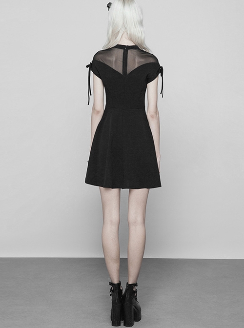 Gothic Black Chiffon Sexy A-line Hem Lace-up Short Sleeve Dress