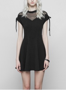Gothic Black Chiffon Sexy A-line Hem Lace-up Short Sleeve Dress