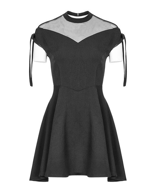 Gothic Black Chiffon Sexy A-line Hem Lace-up Short Sleeve Dress