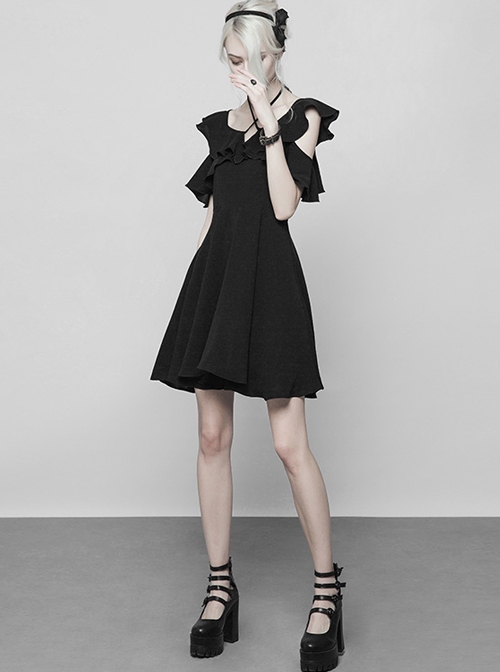 Gothic Black Small V-collar Double Ruffle Lace-up Sleeveless Dress