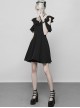 Gothic Black Small V-collar Double Ruffle Lace-up Sleeveless Dress