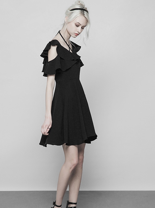 Gothic Black Small V-collar Double Ruffle Lace-up Sleeveless Dress