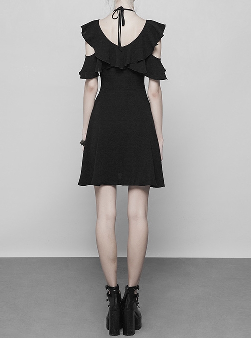 Gothic Black Small V-collar Double Ruffle Lace-up Sleeveless Dress