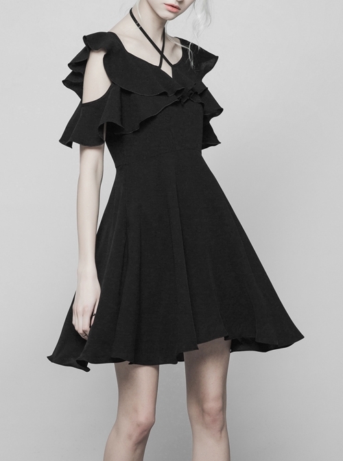 Gothic Black Small V-collar Double Ruffle Lace-up Sleeveless Dress
