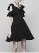 Gothic Black Small V-collar Double Ruffle Lace-up Sleeveless Dress