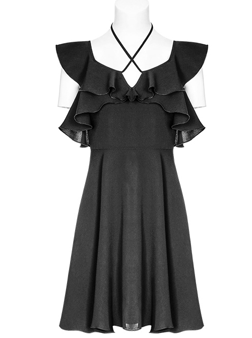 Gothic Black Small V-collar Double Ruffle Lace-up Sleeveless Dress