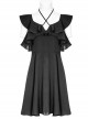 Gothic Black Small V-collar Double Ruffle Lace-up Sleeveless Dress