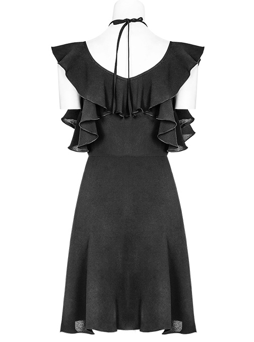 Gothic Black Small V-collar Double Ruffle Lace-up Sleeveless Dress
