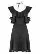 Gothic Black Small V-collar Double Ruffle Lace-up Sleeveless Dress