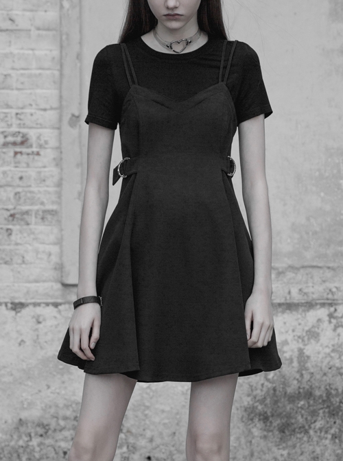 Gothic Black Round-collar Fake Two-piece Strap Short Sleeve Dress