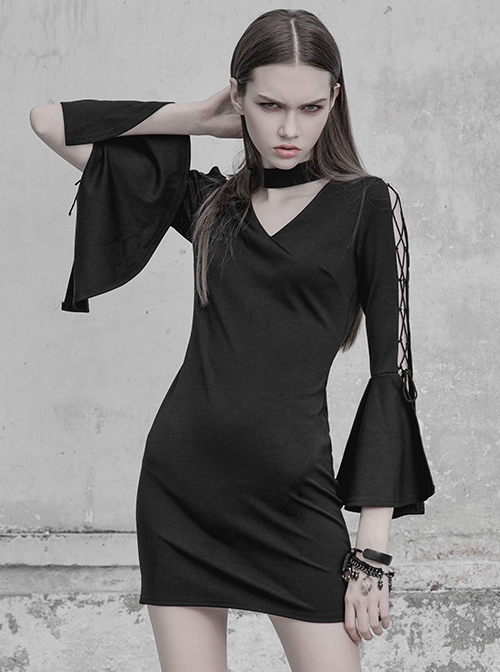 Gothic Black V-collar Hollow Out Lace-up Flare Sleeve Tight Hip Dress