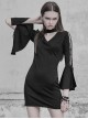 Gothic Black V-collar Hollow Out Lace-up Flare Sleeve Tight Hip Dress