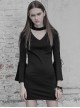 Gothic Black V-collar Hollow Out Lace-up Flare Sleeve Tight Hip Dress