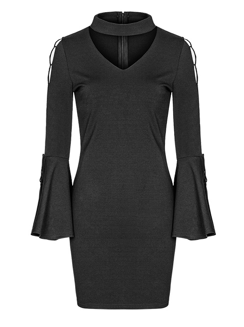 Gothic Black V-collar Hollow Out Lace-up Flare Sleeve Tight Hip Dress