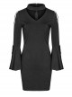 Gothic Black V-collar Hollow Out Lace-up Flare Sleeve Tight Hip Dress