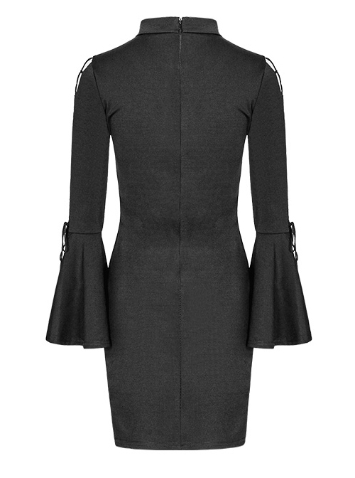 Gothic Black V-collar Hollow Out Lace-up Flare Sleeve Tight Hip Dress