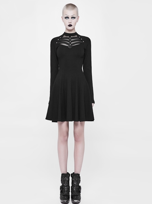 Gothic Black Punk Long Sleeve A-type Hem Short Dress