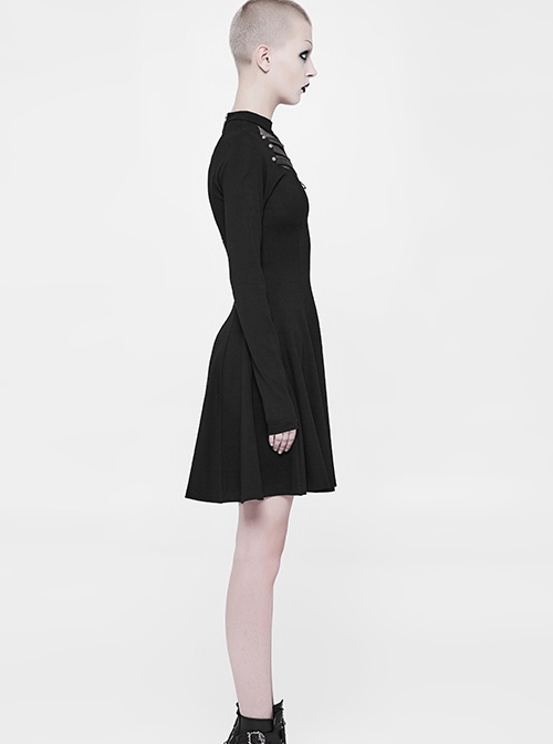 Gothic Black Punk Long Sleeve A-type Hem Short Dress