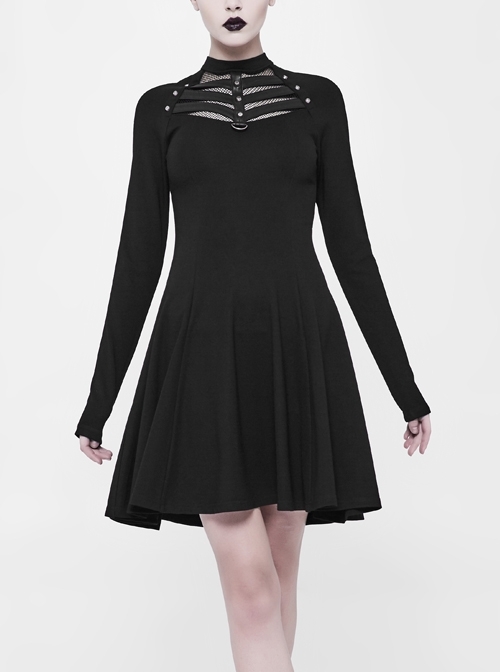 Gothic Black Punk Long Sleeve A-type Hem Short Dress