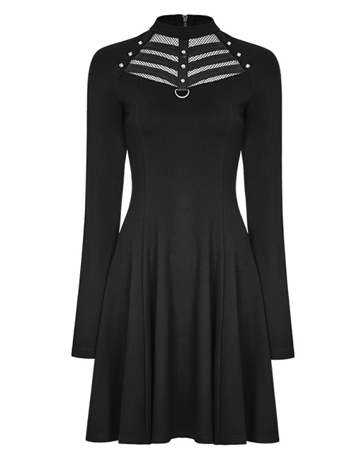 Gothic Black Punk Long Sleeve A-type Hem Short Dress