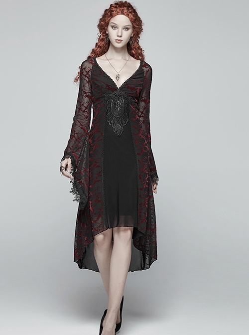 Gothic V-collar Goddess Classical Translucent Long Sleeve Black-red Mid-length Dress