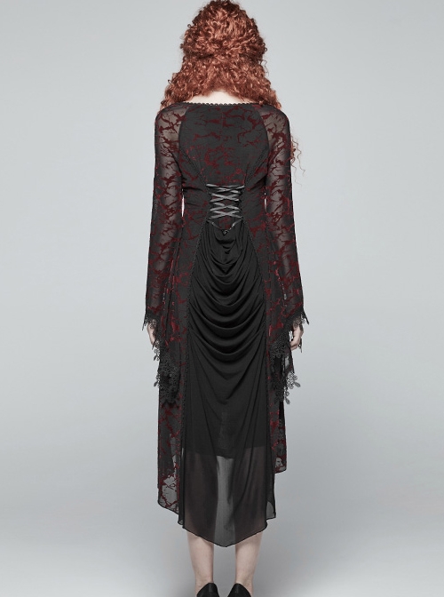 Gothic V-collar Goddess Classical Translucent Long Sleeve Black-red Mid-length Dress