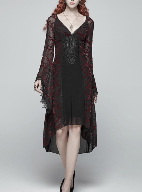 Gothic V-collar Goddess Classical Translucent Long Sleeve Black-red Mid-length Dress