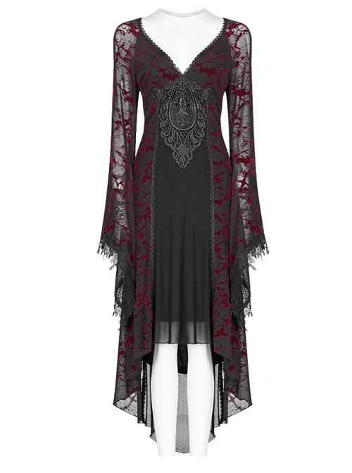 Gothic V-collar Goddess Classical Translucent Long Sleeve Black-red Mid-length Dress