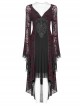 Gothic V-collar Goddess Classical Translucent Long Sleeve Black-red Mid-length Dress