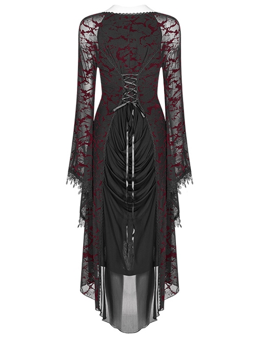 Gothic V-collar Goddess Classical Translucent Long Sleeve Black-red Mid-length Dress
