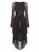 Gothic V-collar Goddess Classical Translucent Long Sleeve Black-red Mid-length Dress