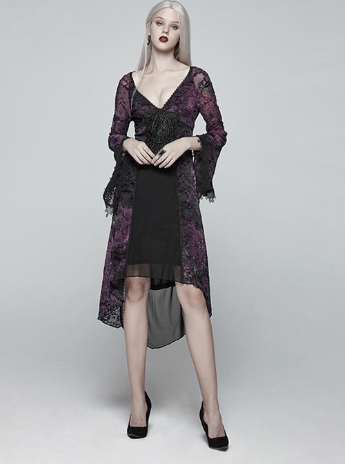 Gothic V-collar Goddess Classical Translucent Long Sleeve Black-purple Mid-length  Dress - Magic Wardrobes