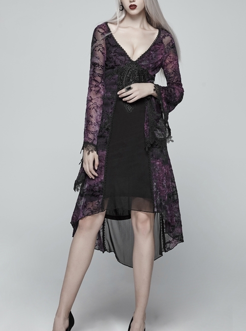 Gothic V-collar Goddess Classical Translucent Long Sleeve Black-purple Mid-length Dress