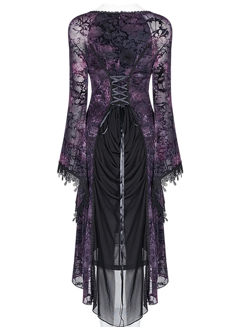 Gothic V-collar Goddess Classical Translucent Long Sleeve Black-purple Mid-length Dress