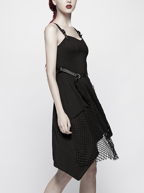 Gothic Daily Black Punk Mesh Small Eyelet Decoration Irregular Hem Sling Dress