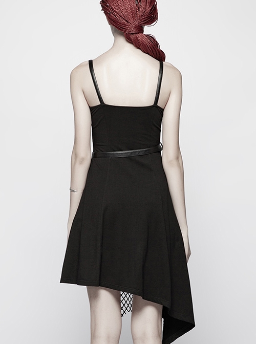 Gothic Daily Black Punk Mesh Small Eyelet Decoration Irregular Hem Sling Dress