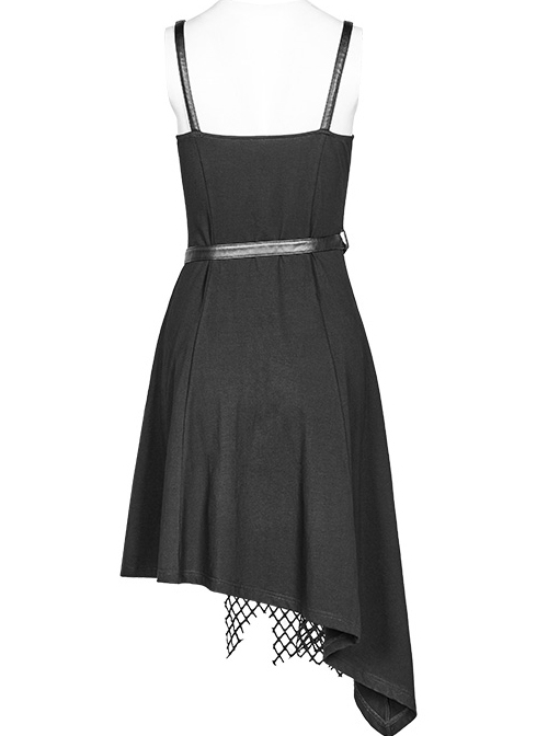 Gothic Daily Black Punk Mesh Small Eyelet Decoration Irregular Hem Sling Dress